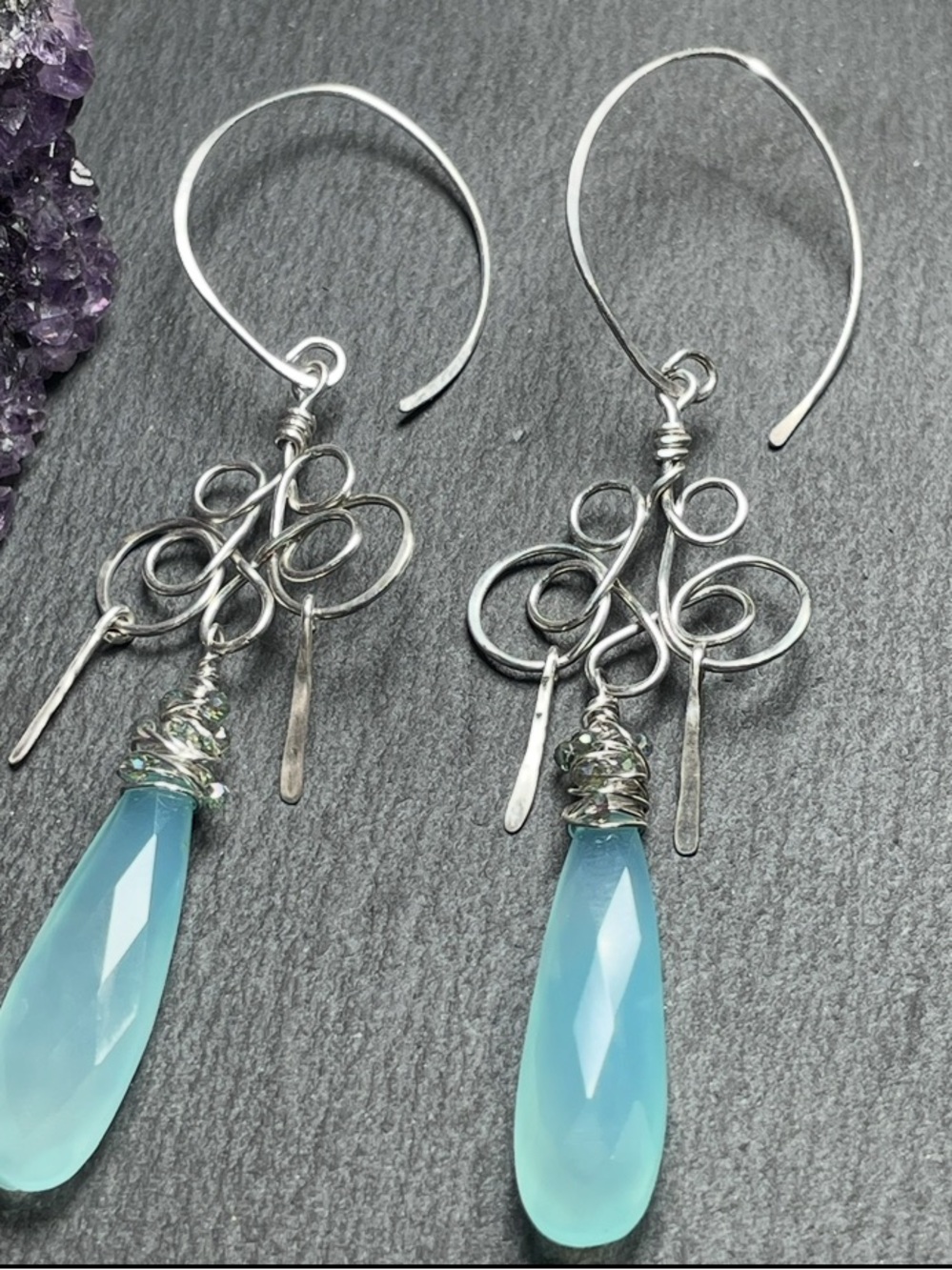 Artisan Sterling Silver Earrings with Soft Blue Chalcedony Drops - Picture 5 of 7